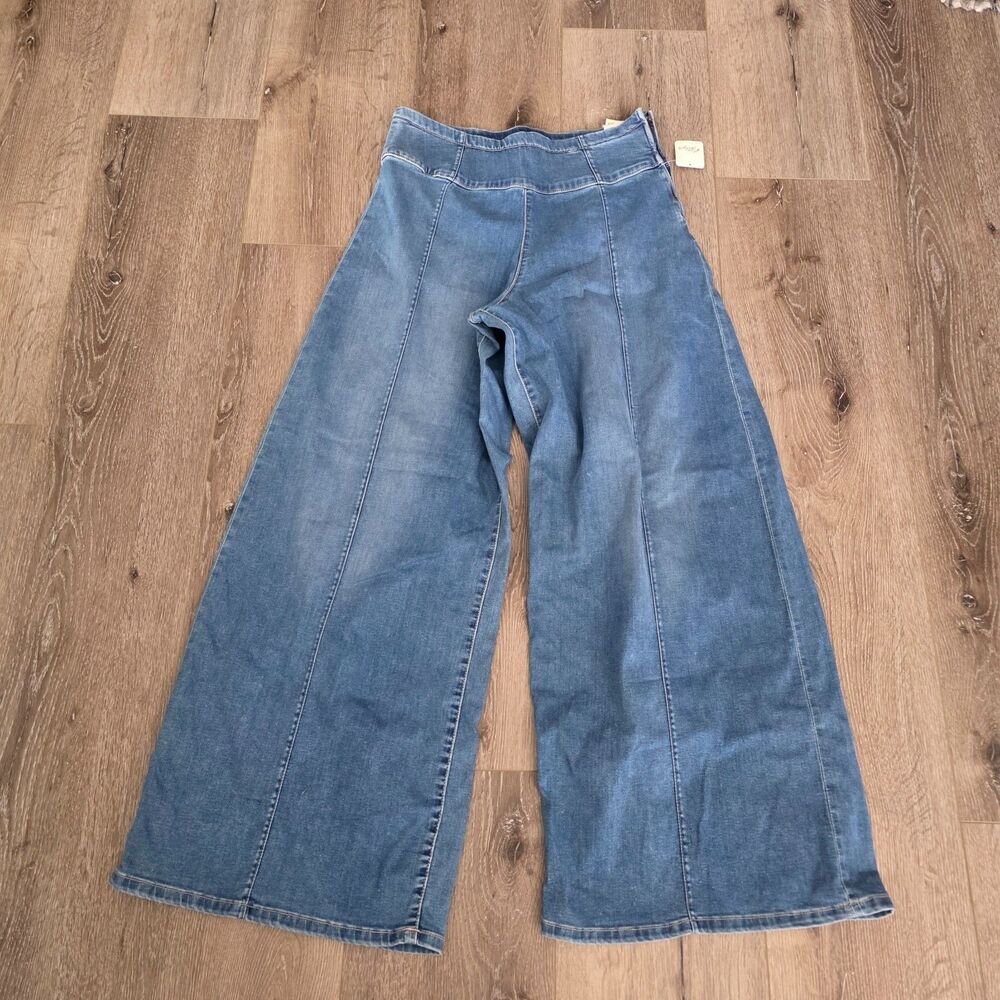 Free People Spotlight Wide Leg Jeans High Rise Flat Front Trouser Panel Flare 33 - Picture 2 of 6